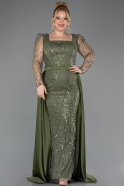 Haki Taşlı Uzun Kol Saten Kuyruklu Büyük Beden Abiye ABU4761