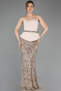 Bej Asimetrik Straplez Yaka Peplum Uzun Pullu Abiye ABU5654