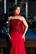 Kırmızı Pullu Straplez Peplum Kesim Uzun Balık Abiye ABU5704