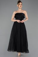 Siyah Straplez Midi Dantel Davet Elbisesi ABK2538