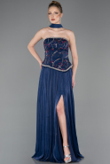 Lacivert Straplez Peplum Kesim Pliseli Uzun Abiye ABU5786