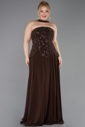 Kahve Taşlı Straplez Peplum Uzun Şifon Büyük Beden Abiye ABU5855