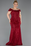 Bordo Kayık Yaka Peplum Uzun Dantel Büyük Beden Abiye ABU5824