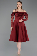 Bordo Dantelli Uzun Kol Midi Saten Davet Elbisesi ABK2552