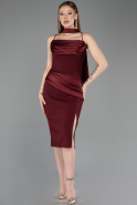 Bordo Askılı Şallı Midi Davet Elbisesi ABK2559