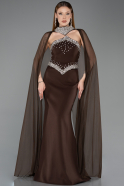 Kahve Taşlı Straplez Yaka Peplum Uzun Balık Abiye Elbise ABU5866