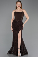 Kahve Taşlı Straplez Balenli Peplum Uzun Dantel Abiye ABU5892