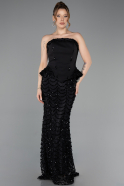 Siyah Straplez Peplum Uzun Pullu Abiye Elbise ABU5919
