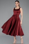 Bordo Kolsuz Kare Yaka Midi Kemerli Saten Davet Elbisesi ABK2586