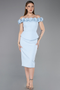 Buz Mavisi Çiçekli Kayık Yaka Peplum Midi Kalem Abiye Elbise ABK2583