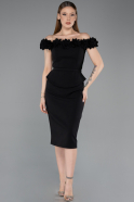 Siyah Çiçekli Kayık Yaka Peplum Midi Kalem Abiye Elbise ABK2583