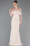 Bej Straplez Peplum Kesim Uzun Abiye Elbise ABU5559