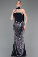 Lacivert Asimetrik Straplez Peplum Uzun Pullu Balık Abiye ABU5703