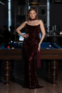 Bordo Straplez Yaka Peplum Kesim Uzun Pul Payet Abiye ABU5721