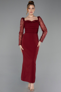 Bordo Pullu Uzun Kol Kare Yaka Midi Davet Elbisesi ABK2387
