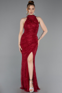 Bordo Halter Yaka Eldivenli Uzun Dantel Abiye ABU5598