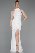 Ekru Halter Yaka Eldivenli Uzun Dantel Abiye ABU5598