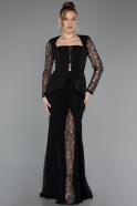 Siyah Dantelli Uzun Kol Peplum Kesim Abiye Elbise ABU6014