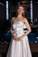 Ekru Straplez Belden Çiçekli Uzun Saten Nikah Elbisesi ABU5998