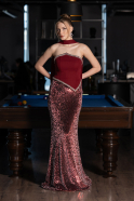 Bordo Asimetrik Straplez Peplum Uzun Pullu Balık Abiye ABU5703