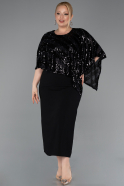 Siyah Kısa Kol Payetli Şal Formlu Midi Büyük Beden Abiye ABK2609