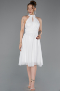 Ekru Halter Yaka Midi Şifon Mezuniyet Elbisesi ABK2612