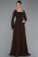 Kahve Uzun Kol Kare Yaka Peplum Şifon Abiye Elbise ABU6088