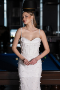 Ekru Askılı Taşlı Balen Detaylı Uzun Dantel Nikah Elbisesi ABU6040