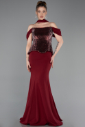 Bordo Üstü Pullu Kayık Yaka Peplum Uzun Abiye ABU6094