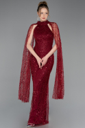 Bordo Halter Yaka Pelerin Detay Uzun Boncuklu Abiye ABU6154