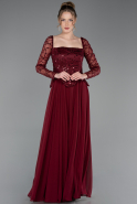 Bordo Pullu Kare Yaka Uzun Kol Peplum Şifon Abiye ABU6157