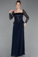 Lacivert Pullu Kare Yaka Uzun Kol Peplum Şifon Abiye ABU6157