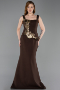 Kahve Kolsuz Kare Yaka Peplum Uzun Balık Abiye ABU5768