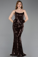 Kahve Straplez Yaka Peplum Kesim Uzun Pul Payet Abiye ABU5721