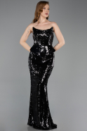 Siyah Straplez Yaka Peplum Kesim Uzun Pul Payet Abiye ABU5721