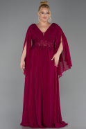 Vişne Üstü Güpürlü Uzun Şal Kol Şifon Büyük Beden Abiye ABU4638