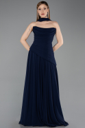 Lacivert Straplez Peplum Kesim Uzun Şifon Abiye Elbise ABU5763