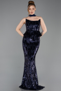 Lacivert Straplez Yaka Peplum Uzun Pullu Abiye Elbise ABU6202