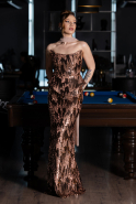 Bakır Straplez Yaka Peplum Uzun Pullu Abiye Elbise ABU6202