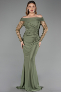 Haki Dantelli Uzun Kol Kayık Yaka Abiye Elbise ABU6273