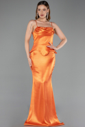 Orange Askılı Peplum Uzun Saten Abiye Elbise ABU6275