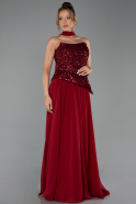 Bordo Pullu Straplez Yaka Uzun Şifon Abiye Elbise ABU5486