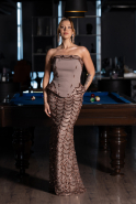Açık Kahve Straplez Peplum Uzun Pullu Abiye Elbise ABU5919