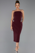 Bordo Straplez Uzun Kol Pelerinli Midi Gece Elbisesi ABK2664