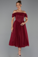 Bordo Kayık Yaka Balenli Midi Simli Davet Elbisesi ABK2665