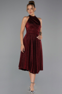 Bordo Halter Yaka Midi Simli Davet Elbisesi ABK2638