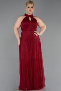 Bordo Halter Yaka Uzun Dantel Büyük Beden Abiye ABU6330