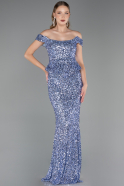 İndigo Kayık Yaka Peplum Kesim Uzun Pullu Abiye ABU6359