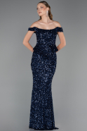 Lacivert Kayık Yaka Peplum Kesim Uzun Pullu Abiye ABU6359