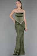 Haki Taşlı Straplez Peplum Kesim Uzun Saten Balık Abiye ABU5644